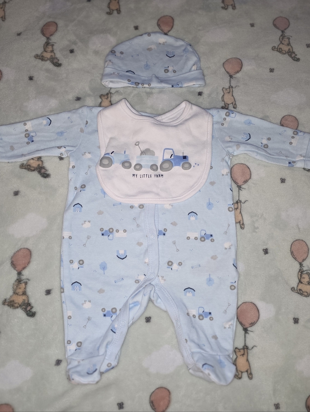 🚜 Baby Blue My Little Farm Footed One-Piece with Hat and Bib 0-3 months